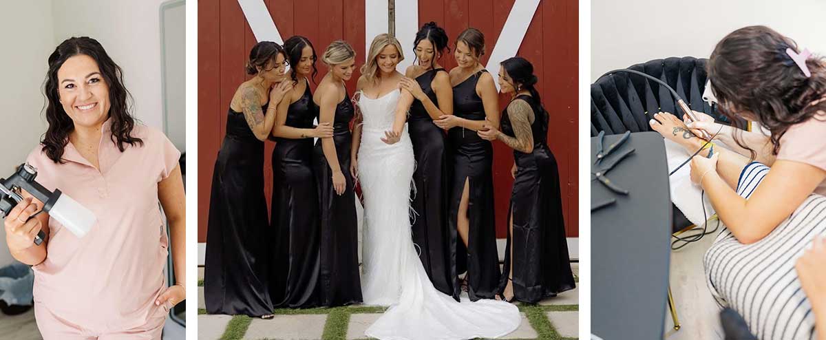 woman with spray tanning guy, wedding party with spray on tans, and photo of person getting tattoo on their foot