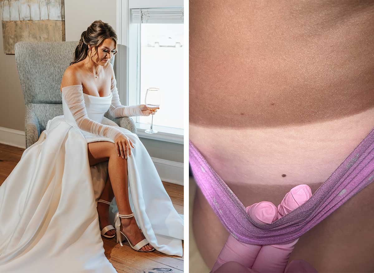 bride sitting in chair with a perfect spray tan, and photo showing tan line from a perfect spray tan.